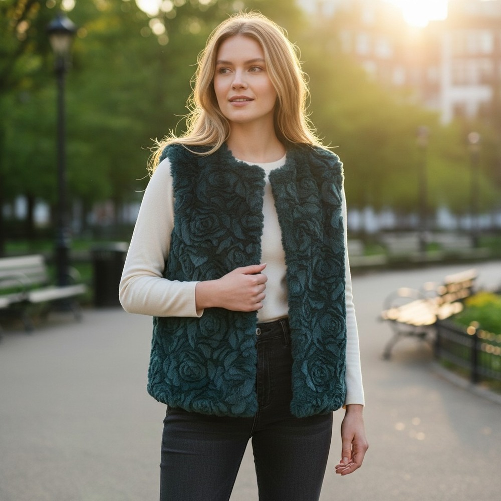 New Directions Womens Faux Fur Vest XL Dark Teal Green Textured Rose Pattern